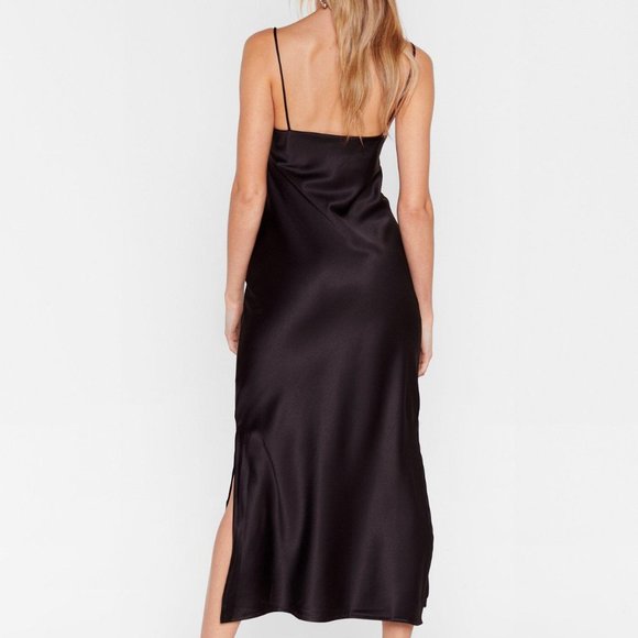 Satin Slit Midi Slip Dress Nasty Gal Black - Picture 2 of 6